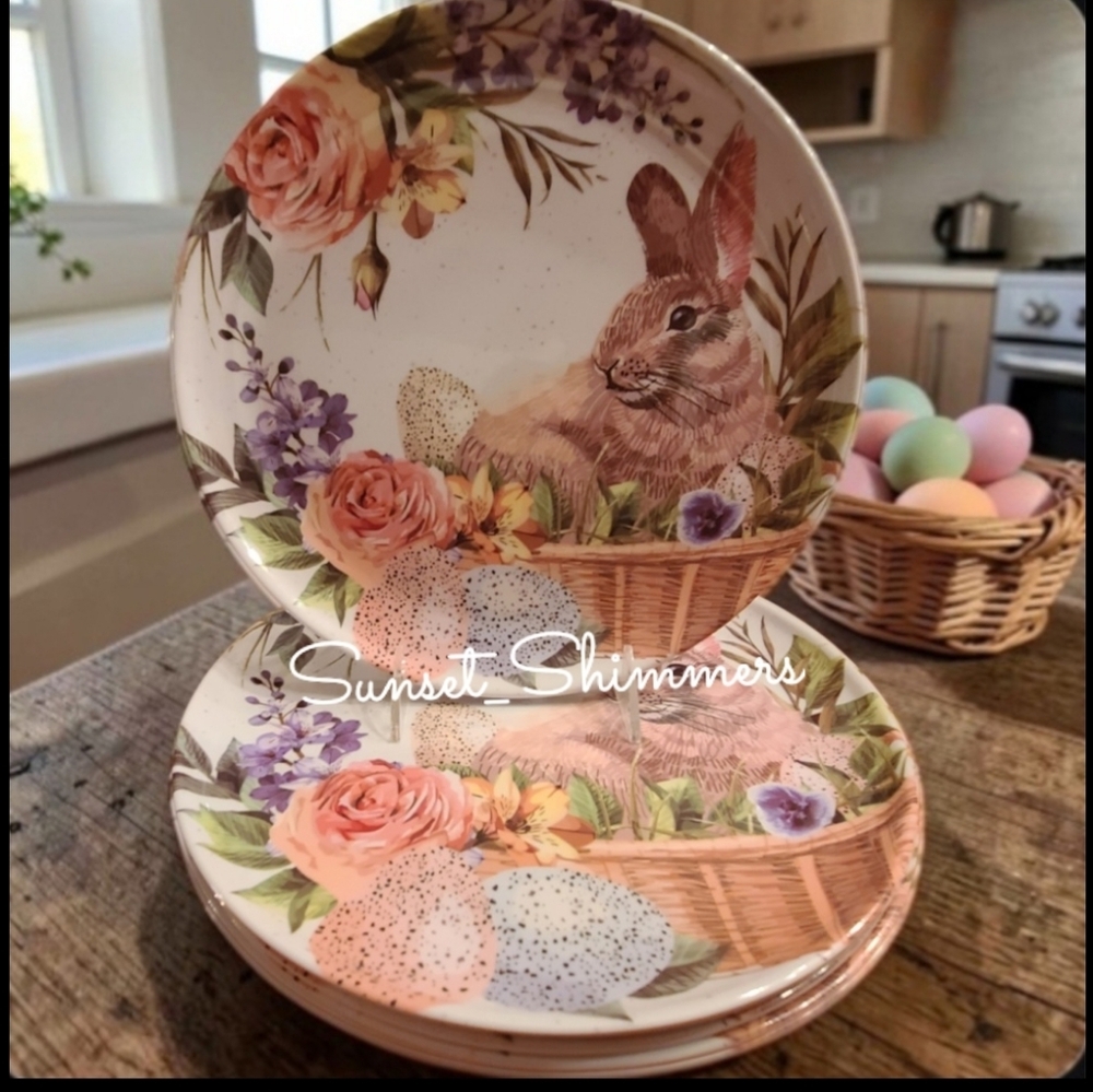 6pc Floral Easter Bunny French Country Farmhouse Melamine Dinner Plate Set New